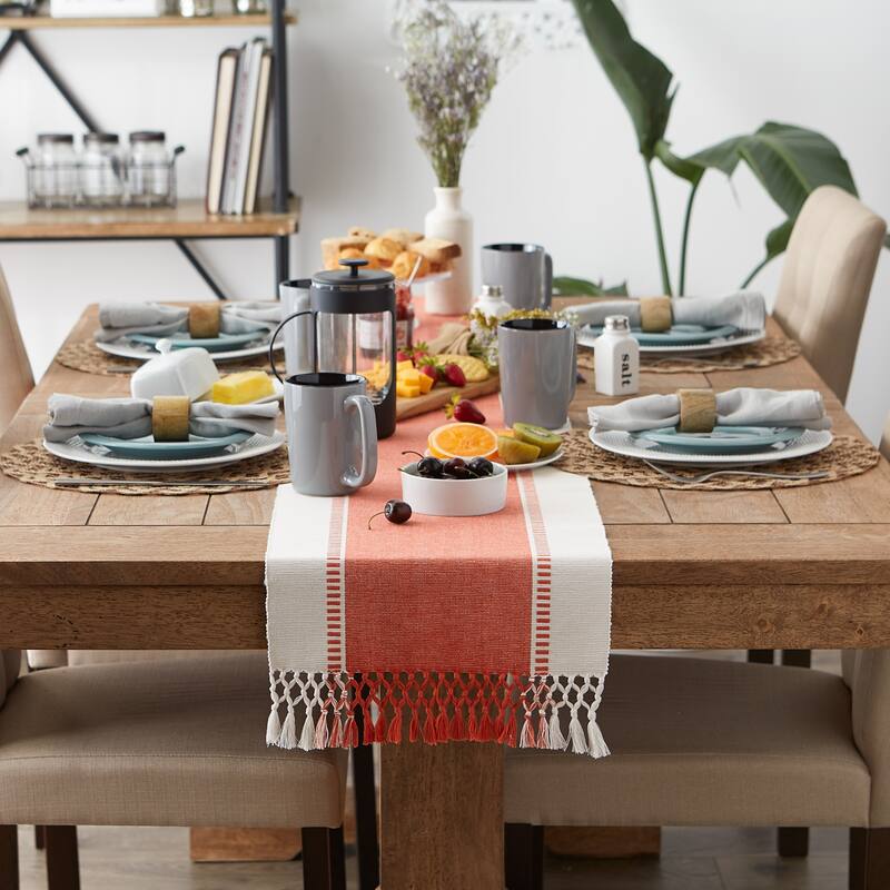 DII Dobby Striped Fringe Ribbed Table Runner