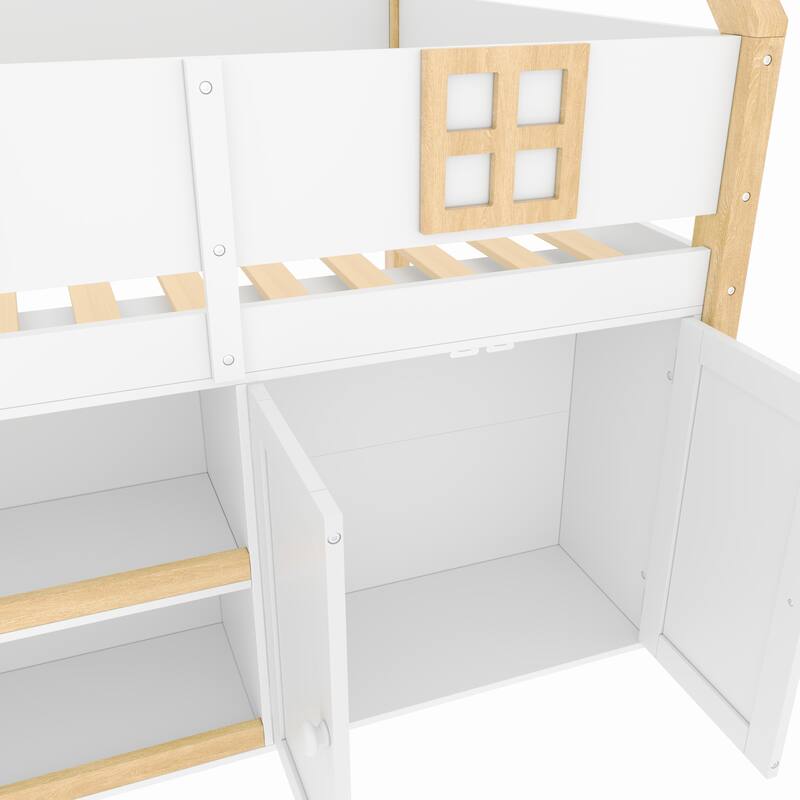 Fairytale House-shaped Low Loft Bed with Step Staircase, Shelving, Cabinets and LED Lights for Children's Room, Kids House Bed