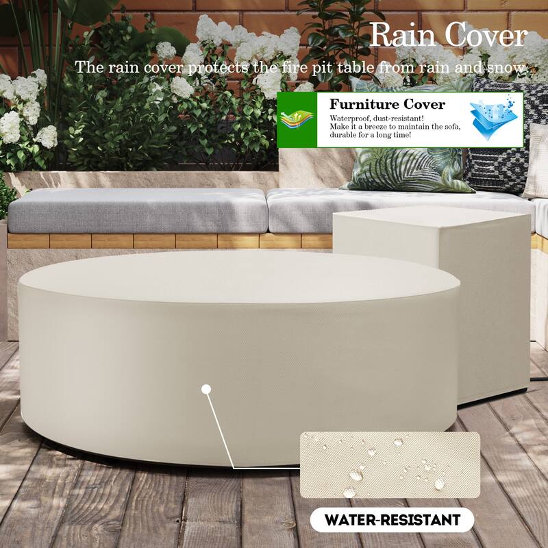 Patio Watcher 42in. Outdoor Round Magnesium Oxide Fire Pit Table with Gas Tank Cover and Wind Guard