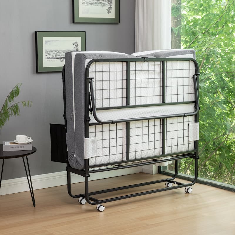 Twin XL Size Metal Frame Foldable Bed with Memory Foam Mattress and Wheels (350lb Capacity)