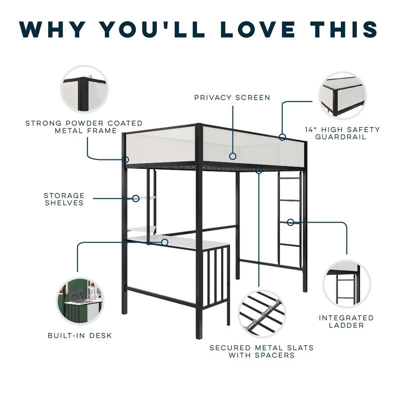 Roomfitters Axel Twin Metal Loft Bed with Desk and Shelves, Mesh Guardrails, Black and Off-White