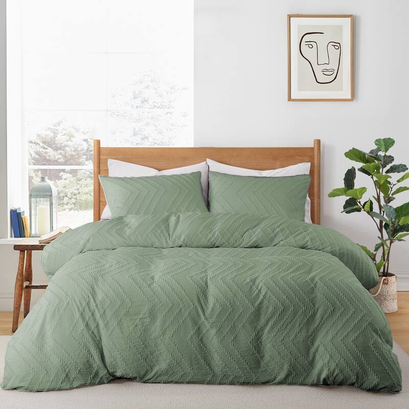 Tufted Clipped Jacquard Geometric Oversized Duvet Cover & Pillowcase Set - Wave/Green - Queen
