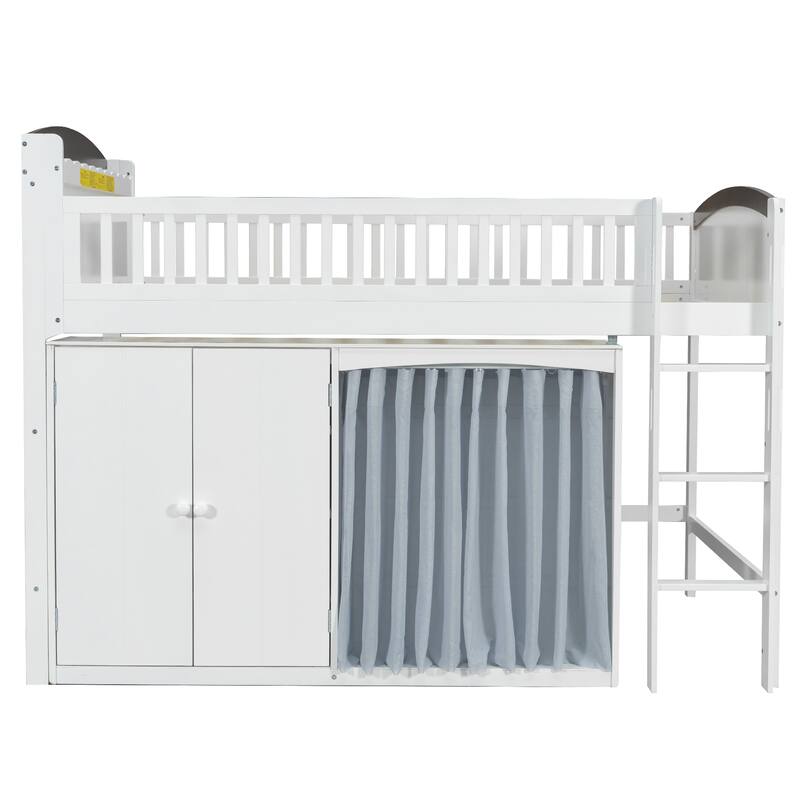 Roomfitters Twin/Full Size Loft Bed with Storage Cabinet, Wardrobe and LED Light