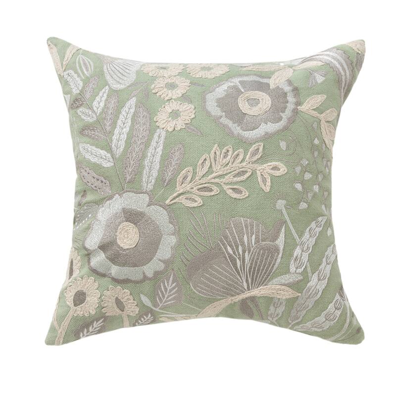 Handwoven Embroidered Floral Square Throw Pillow - 20" - Green and White