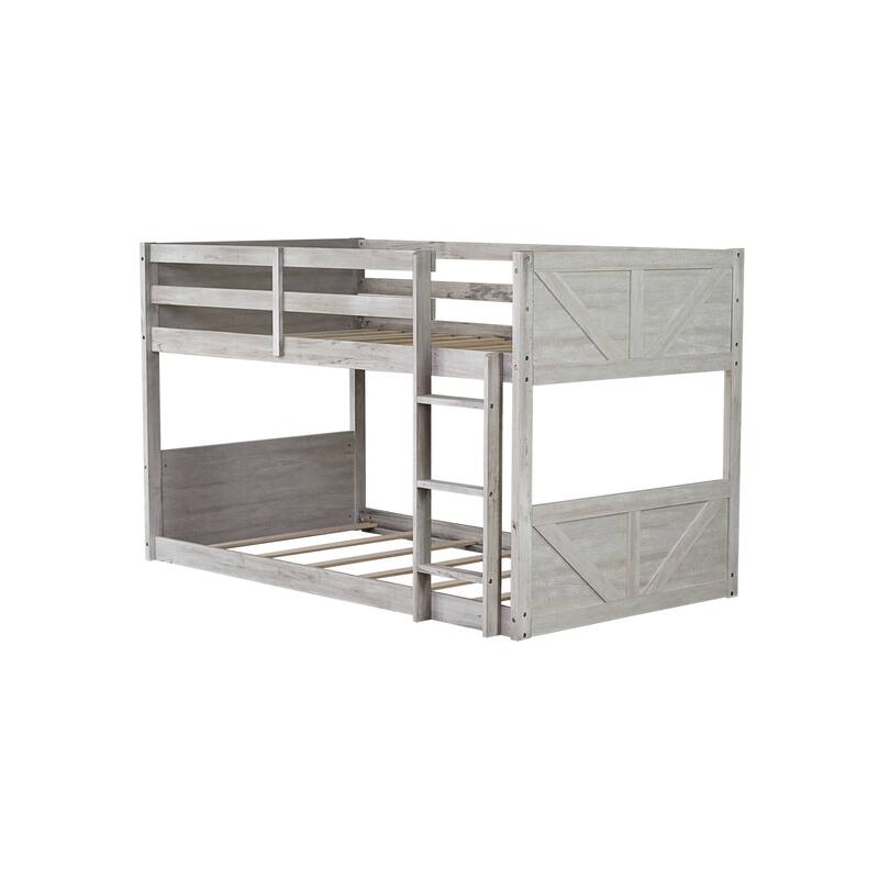 Antique White Twin Over Twin Floor Bunk Bed with Panelled Headboard, Footboard, and Built-in Ladder