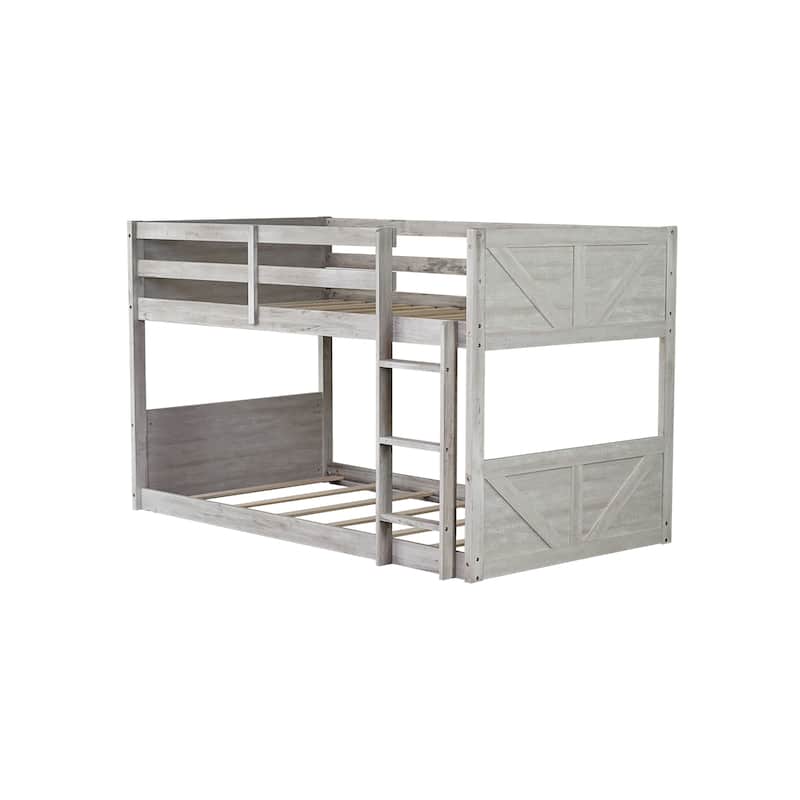 Twin Size Floor Bunk Bed with Safety Guardrails and Built In Ladder