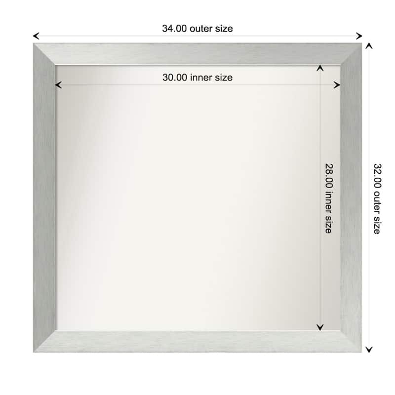 Brushed Sterling Silver Framed Non-Beveled Custom Wall Mirror, Bathroom Vanity Mirror - Outer Size: 34 x 32