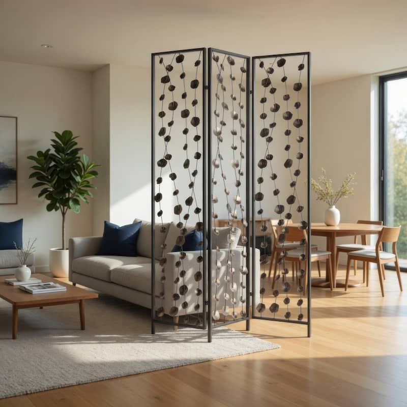 Transitional 3 Panel Metal Screen with Intricate Flower Design, Black