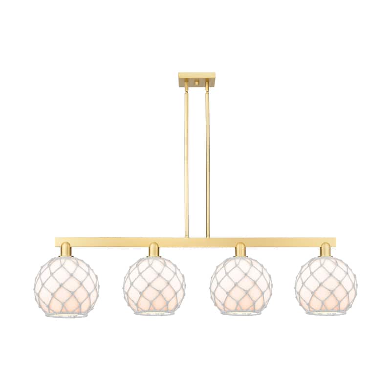Innovations Lighting Endless Possibilities Arcadia - Farmhouse Rope - 4 Light 53" Stem Hung Island Light - Satin Gold/White Glass with White Rope