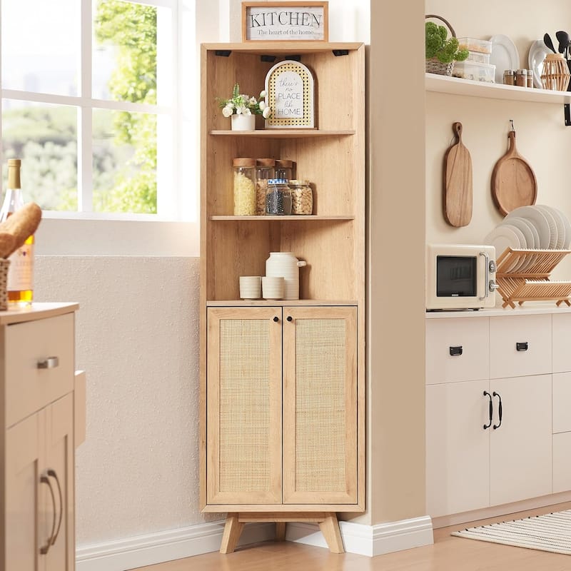 Natural Rattan Corner Cabinet, Modern Corner Bathroom Storage Cabinet - Natural Oak