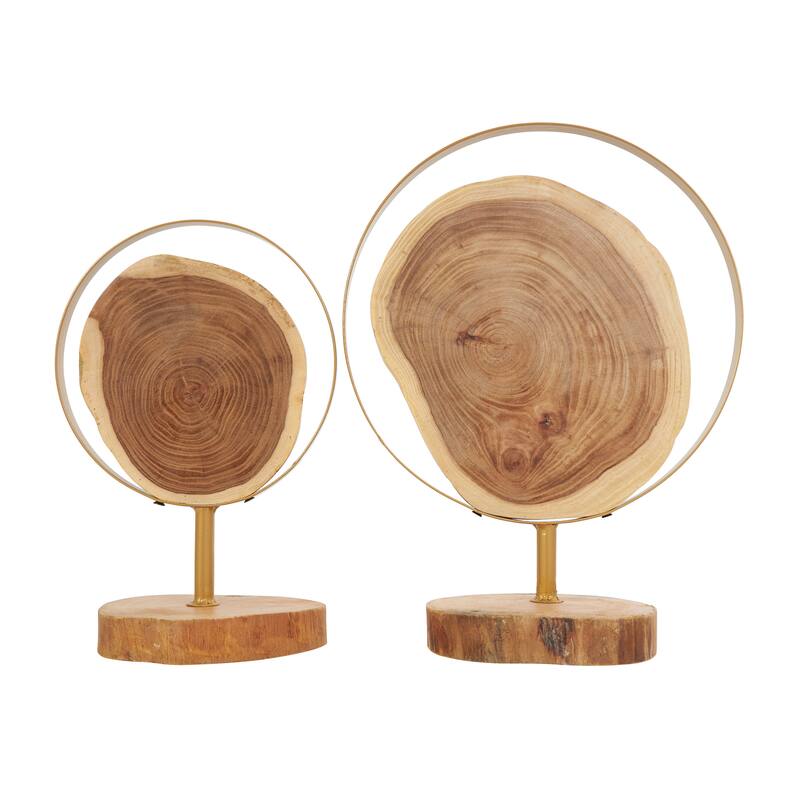 Brown Wood Handmade Live Edge Slab Abstract Decorative Sculpture with Gold Metal Rings (Set of 2)