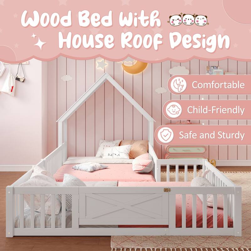 Roomfitters Double House Floor Bed with Door, Solid Wood Frame with Fence Guardrails for Playroom