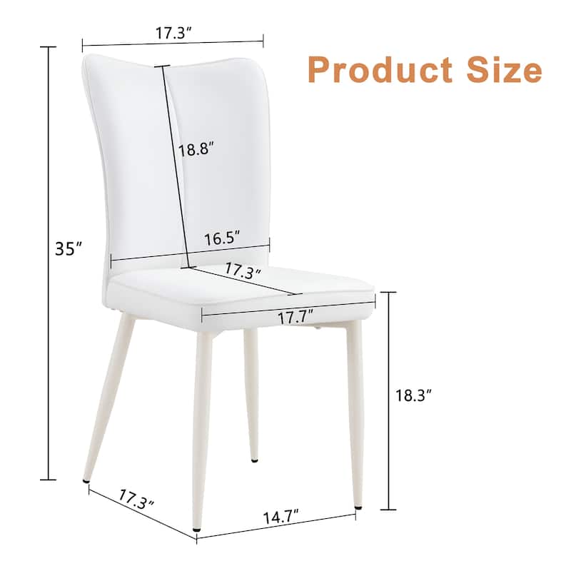 Minimalist White PU Leather Dining Chair Set of 2 w/ Curved Back & White Metal Chair Legs