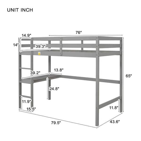dimension image slide 0 of 5, Modern Solid Wood Loft Bed with Built-in Desk, Safety Ladder