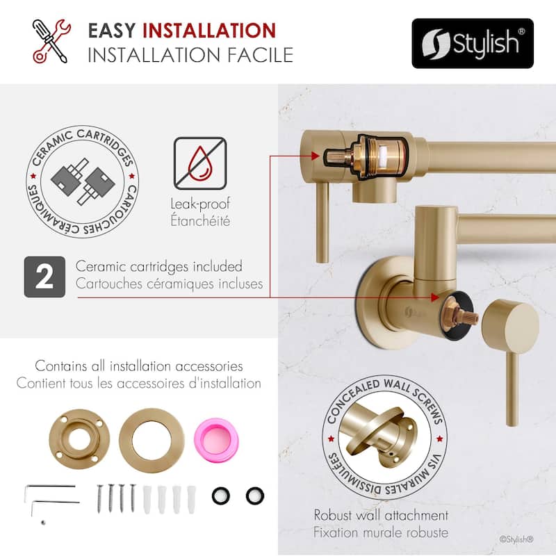 STYLISH Stainless Steel Wall Mount Pot Filler Folding Stretchable with Single Hole Two Handles