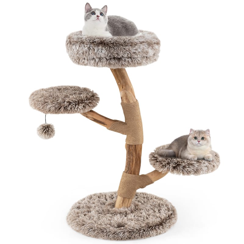 4-Level Cat Tower with Cozy Plush Perches and Natural Wood Base Jute Scratching Posts for Cats