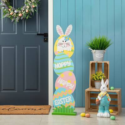 Glitzhome 42"H Easter Wooden Bunny and Eggs Porch Decor