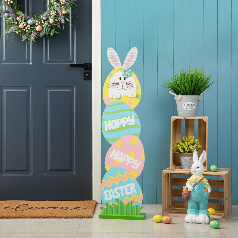 Glitzhome Wooden Happy Easter Bunny Eggs Porch Sign Standing Decor Spring Gift - Eggs