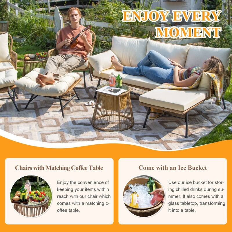 8-Piece Outdoor Boho Wicker Patio Furniture Set, L-Shaped Sectional Sofa with 2 Chairs, 2 Ottomans & Ice Bucket Table