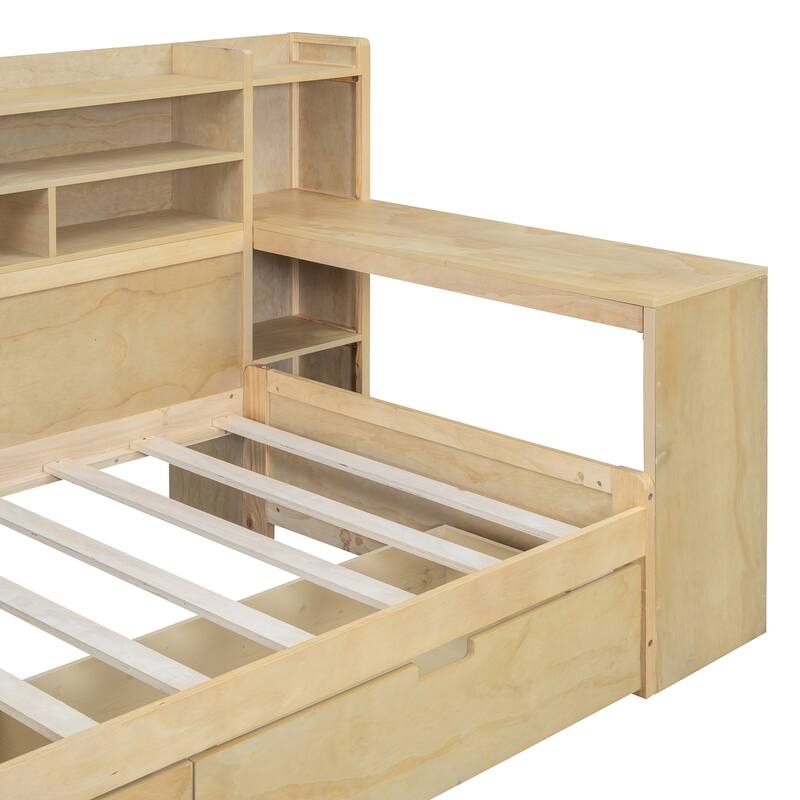Wooden Daybed with Storage Shelves, Multi-functional Bed with Two Storage Drawers and Study Desk