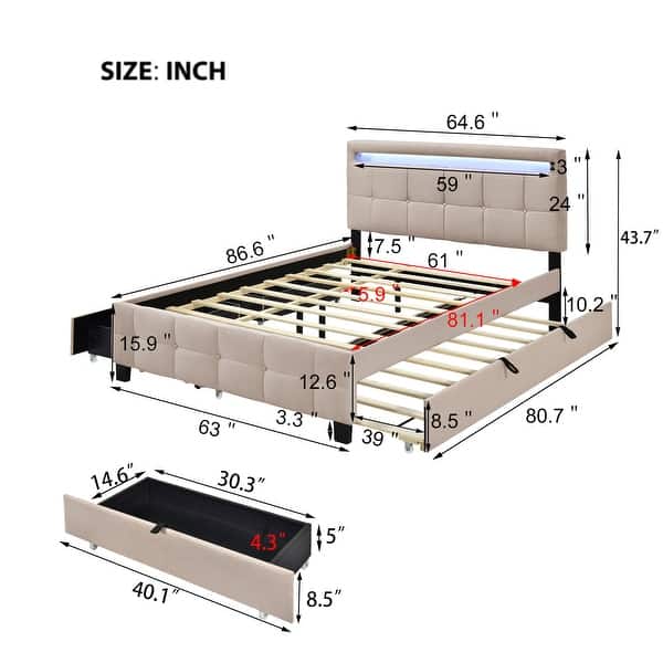 Queen Size Linen Upholstered Platform Bed w/ Twin XL Size Trundle & 2 Drawers, LED Light Bunk Bed for Kids Teens Adults, Beige