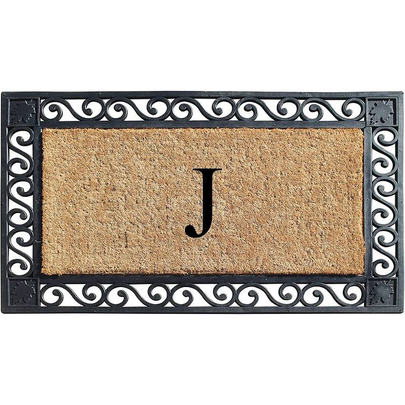 A1HC Rubber and Coir Maple Leaf, Heavy Weight Durable Monogrammed Doormat, 23"X38" Black - J