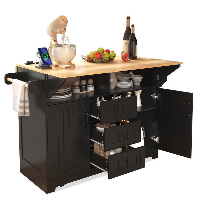 55.7" Large Kitchen Island with 2 Drop Leaf, on 5 Wheels with Power Outlet, Dining Table with Spice Towel Rack, 3 Drawers