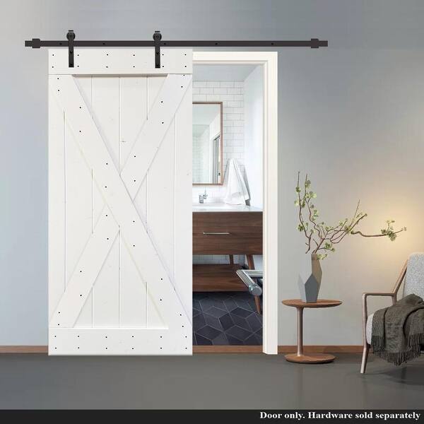 36 In X 84 In White Stained X Style Solid Knotty Pine Wood Barn Door Overstock