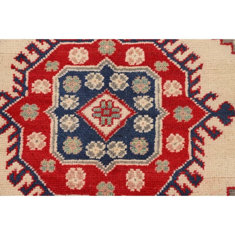 Geometric Kazak Area Rug Hand-Knotted Beige Wool Carpet - 5'2" x 6'6"