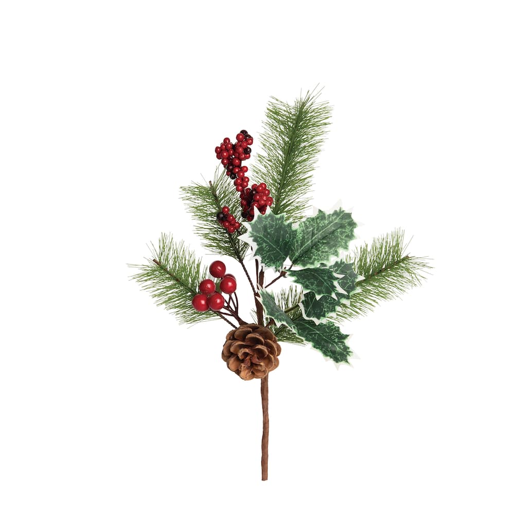 Transpac Artificial 14 in. Green Christmas Pinecone Berry Holly Pick