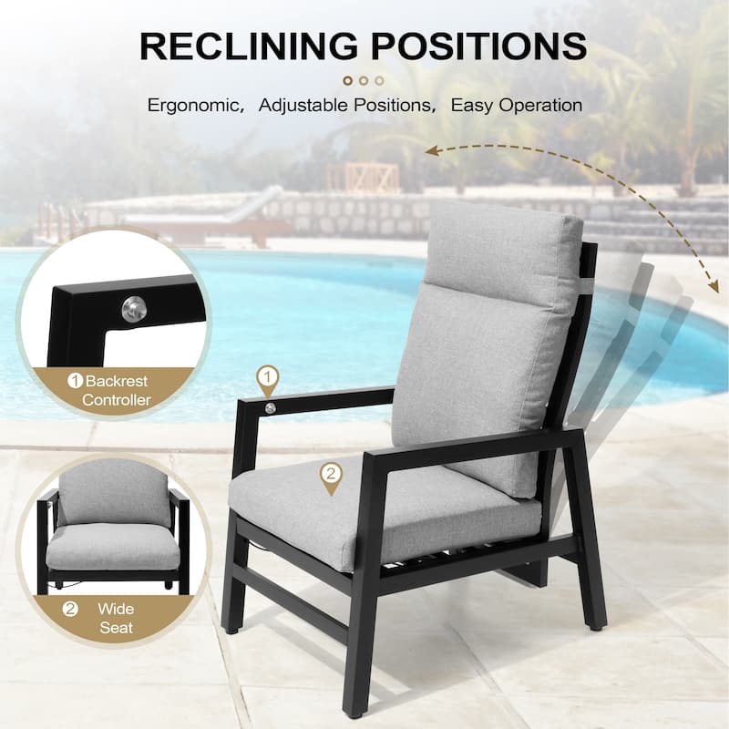 Aluminum Adjustable Back Patio Lounge Chairs and Ottoman with Cushion for Outdoor Indoor - See Picture