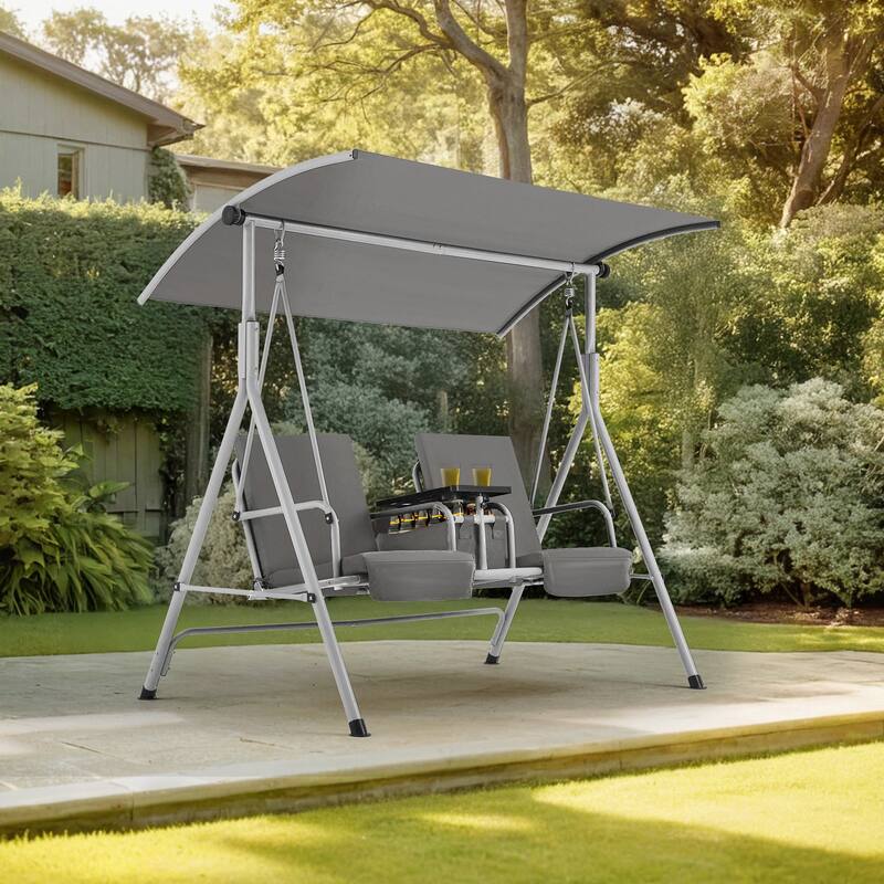 Outdoor Swing with Stand, Canopy, Pivot Table & 2 Cup Holders - Patio, Balcony, Bedroom - Grey