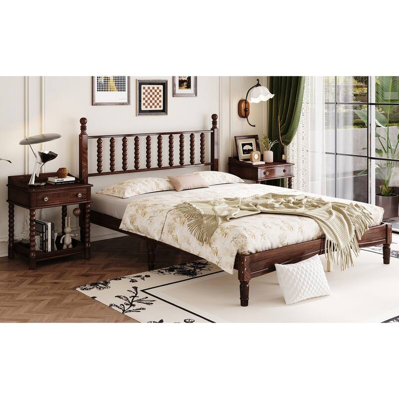 Queen Size Retro Platform Bed - Gourd-Shaped Headboard, Solid Wood Frame