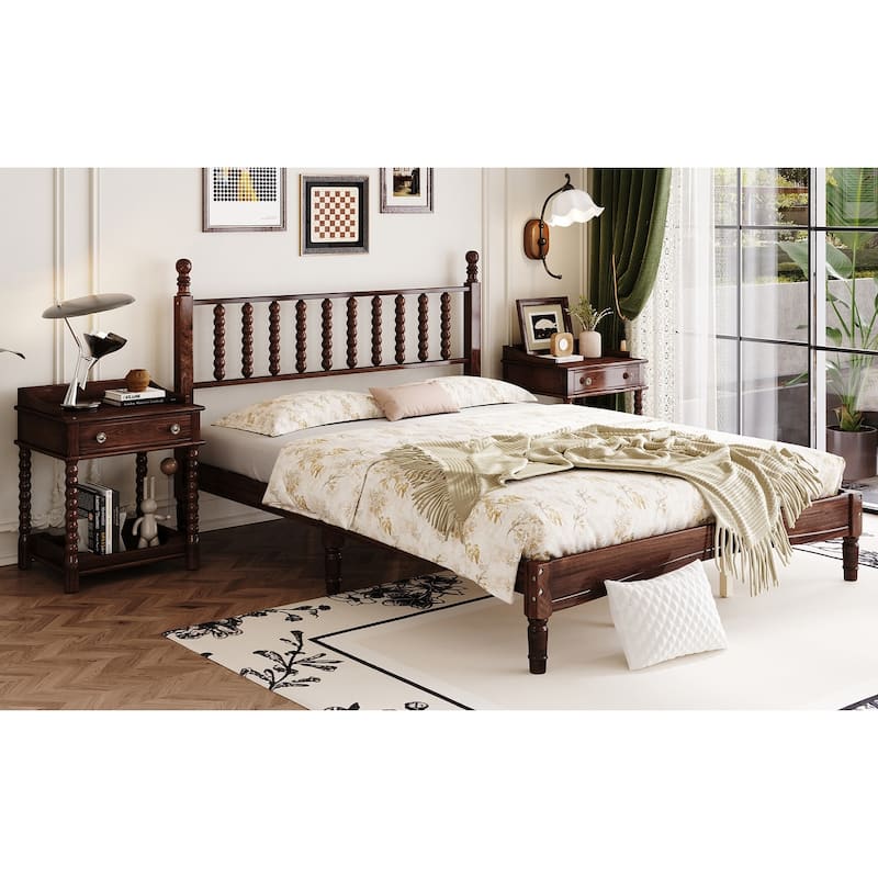 Wood Platform Bed Frame with Gourd Shaped Headboard, Retro Style Low Profile Bed with Wooden Slat Support, No Box Spring Needed