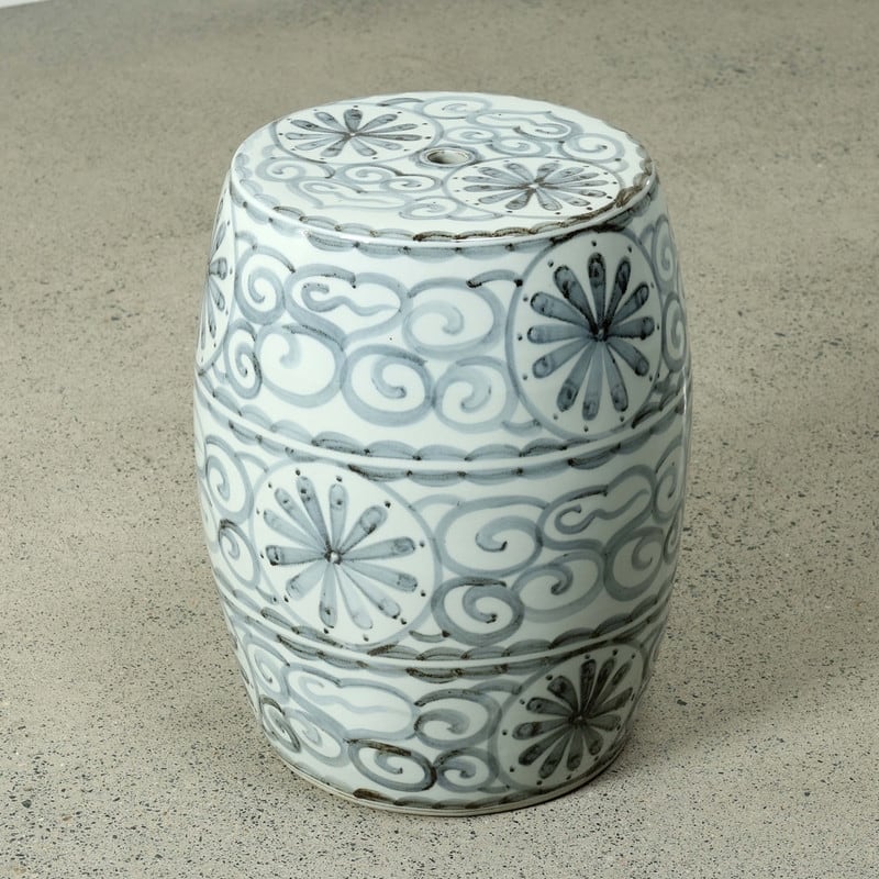 Approx. 17" High Soft Sky Blue Hand-Glazed Ceramic Garden Stool with Flower Motif