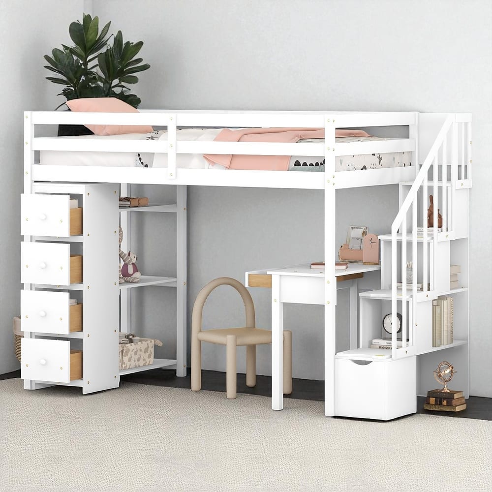 Twin Size Loft Bed with Desk, Storage Drawers, Shelves & Stairs, Wooden Frame for Kids & Teens
