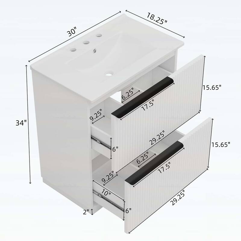 30 Inch Freestanding Bathroom Vanity with Ceramic Sink,Full-Extension Drawers,and Fluted Design