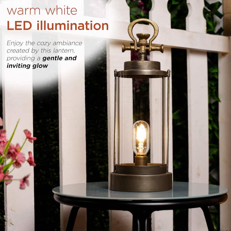 Vintage Metal and Glass Lantern with Warm White LED- Large