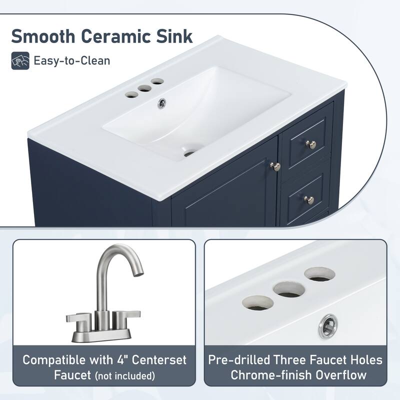 30" Freestanding Bathroom Vanity with Sink, One Door Cabinet and 3 Drawers, Solid Wood Frame & MDF Board