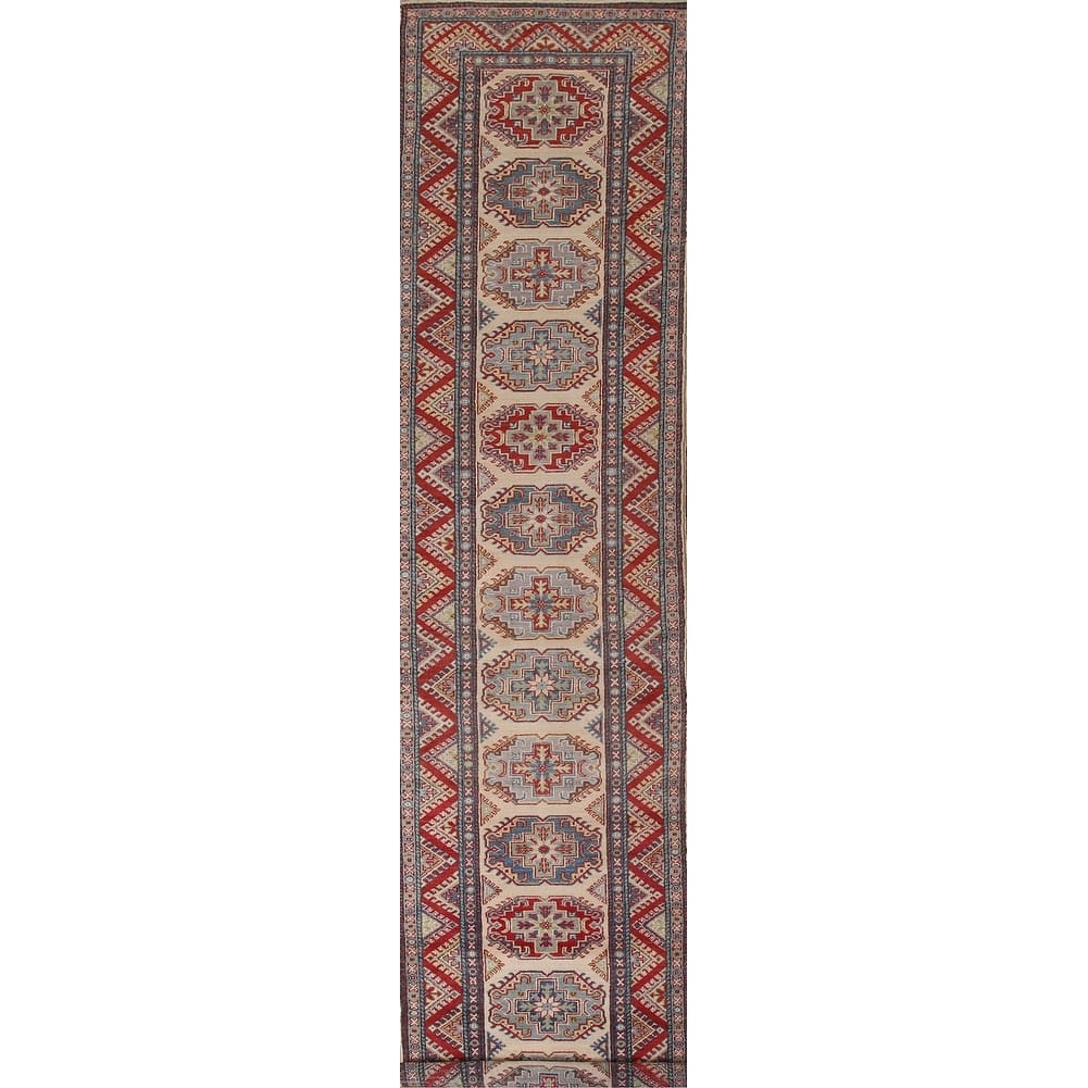 Geometric Kazak Runner Rug Handmade Beige Oriental Wool Carpet - 2'7" x 15'5"