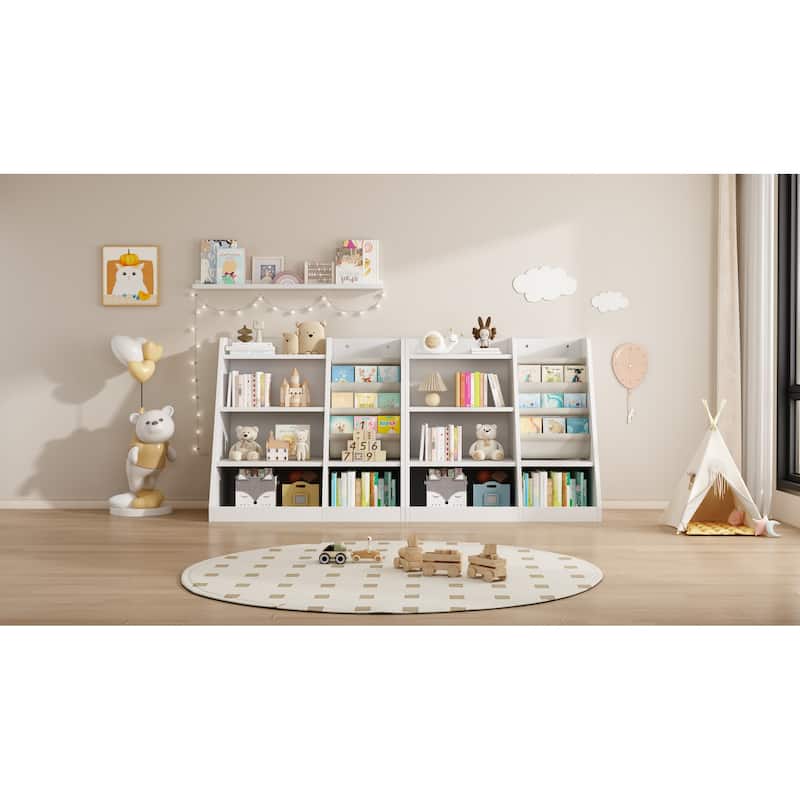 Kids Montessori Storage Bookshelf with 4-Tier Sling Pockets Perfect for Bedroom Nursery or Playroom