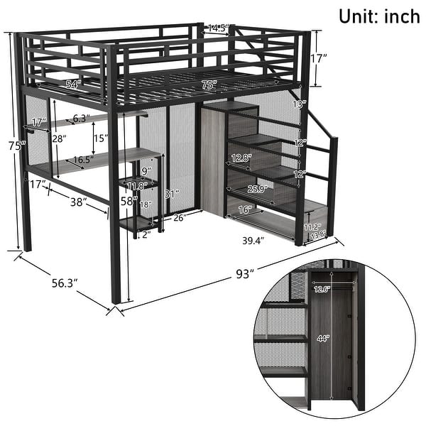 dimension image slide 0 of 2, Full Size Metal Loft Bed with Wardrobe, Desk, Storage Shelves