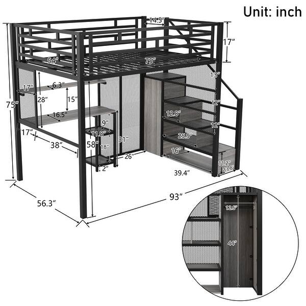 dimension image slide 0 of 2, Metal Full Size Loft Bed Frame with Desk, Shelves, Storage Wardrobe and Staircaes, Full-length Guardrails for Kids, Teens