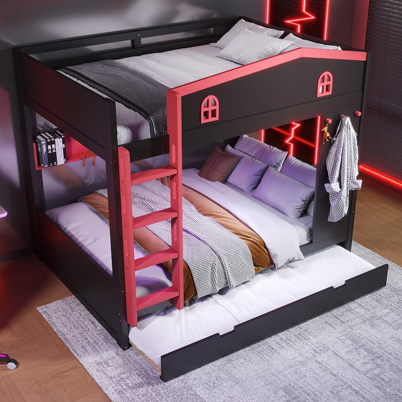 Queen over Queen Bunk Bed with Trundle, Shelves and Hooks