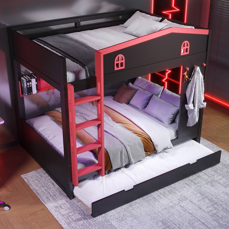 Queen over Queen Bunk Bed with Trundle and Storage Shelves, Solid Wood Bunk Beds with hooks, No Box Spring Needed