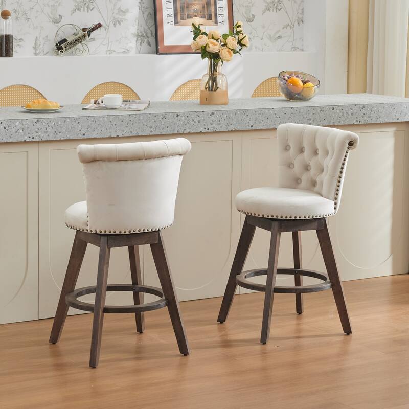 Velvet Upholstered Counter Height Bar Stools Set of 2, Tufted Button Swivel Bar Stools, Kitchen Counter Stools with Wood Legs