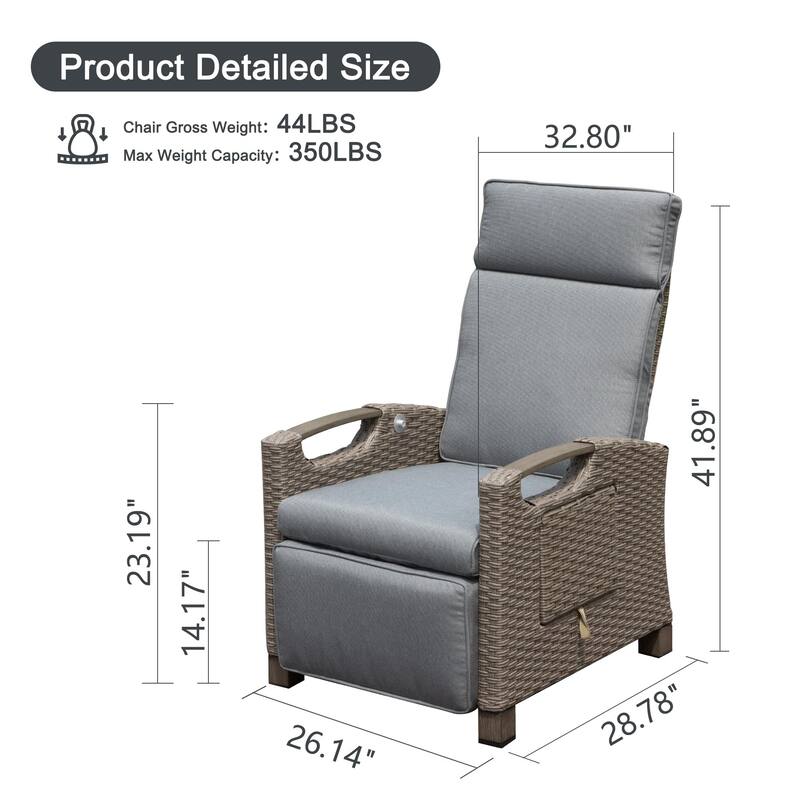 Woven Wicker Outdoor Recliner Chair, Thick Cushions Reclining Lounge Chair