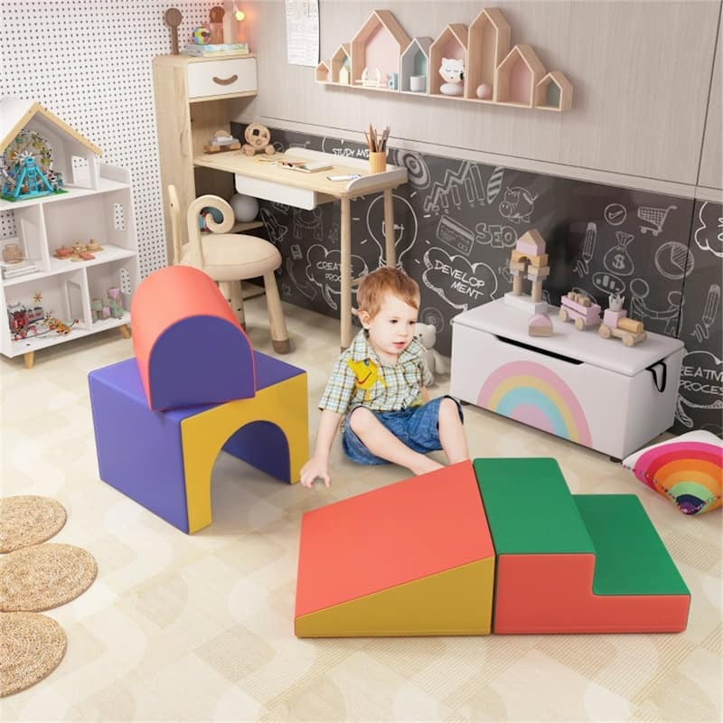 2-Piece Kids Soft Play Set for Toddlers Ages 1-3 Climbing Crawling Sliding Modular PU Foam - 59"L x 19.75"W x 15.25"H