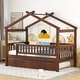 preview thumbnail 31 of 38, Twin Size House Bed with Trundle, Wooden Playhouse Kids Bed Frame with Roof and Fence, Montessori Style Bed Walnut