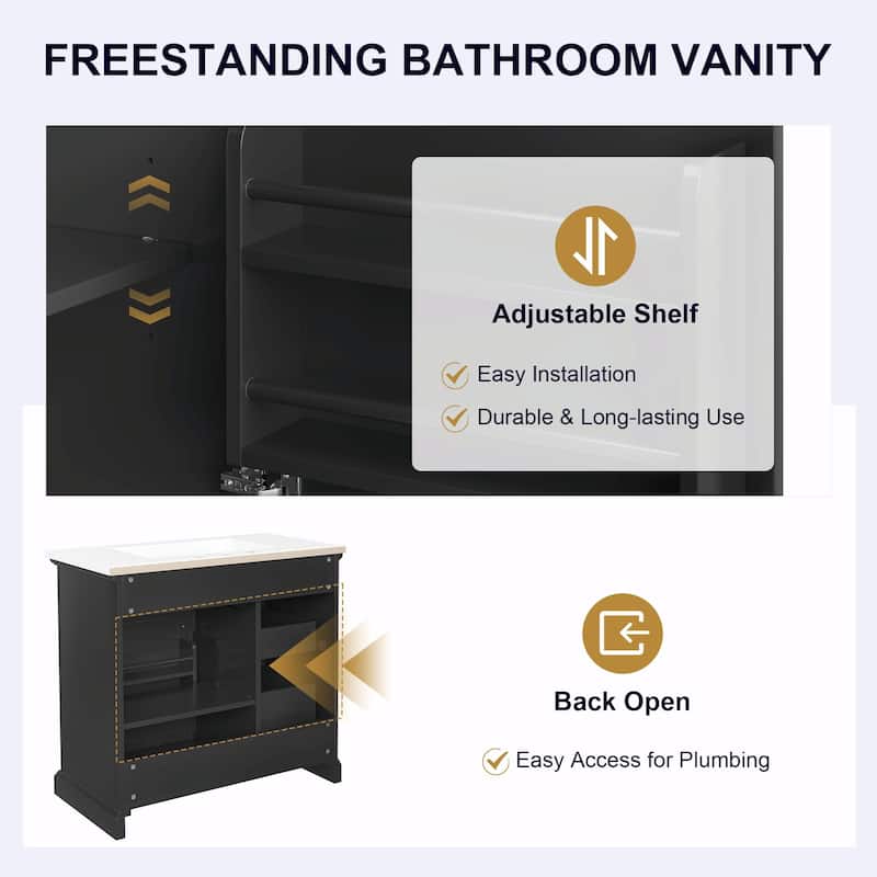 36-Inch Bathroom Vanity with Ceramic Sink Top - 4 Drawers and 1 Soft-Close Door